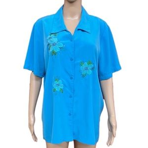 Vtg 90’s Cricket Lake Collection silky blue floral applique short sleeve Large